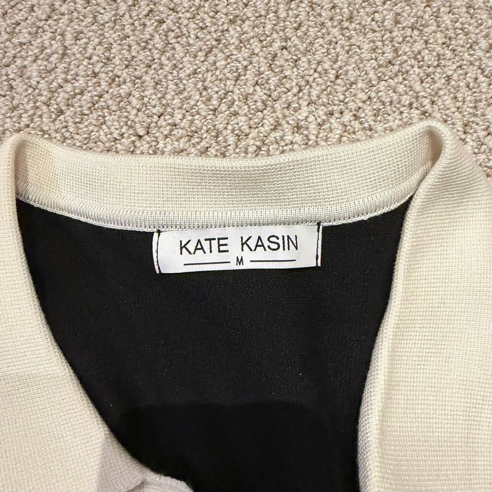 Kate Kasin Black White Contrast Collar Knit Polo Sweater Top Womens M - Picture 5 of 7